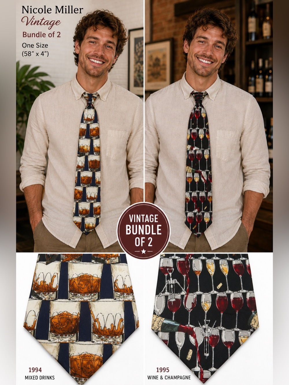 Nicole Miller Vintage all Silk Tie Bundle 2 Wine Cocktail Novelty Bar 1994 1995